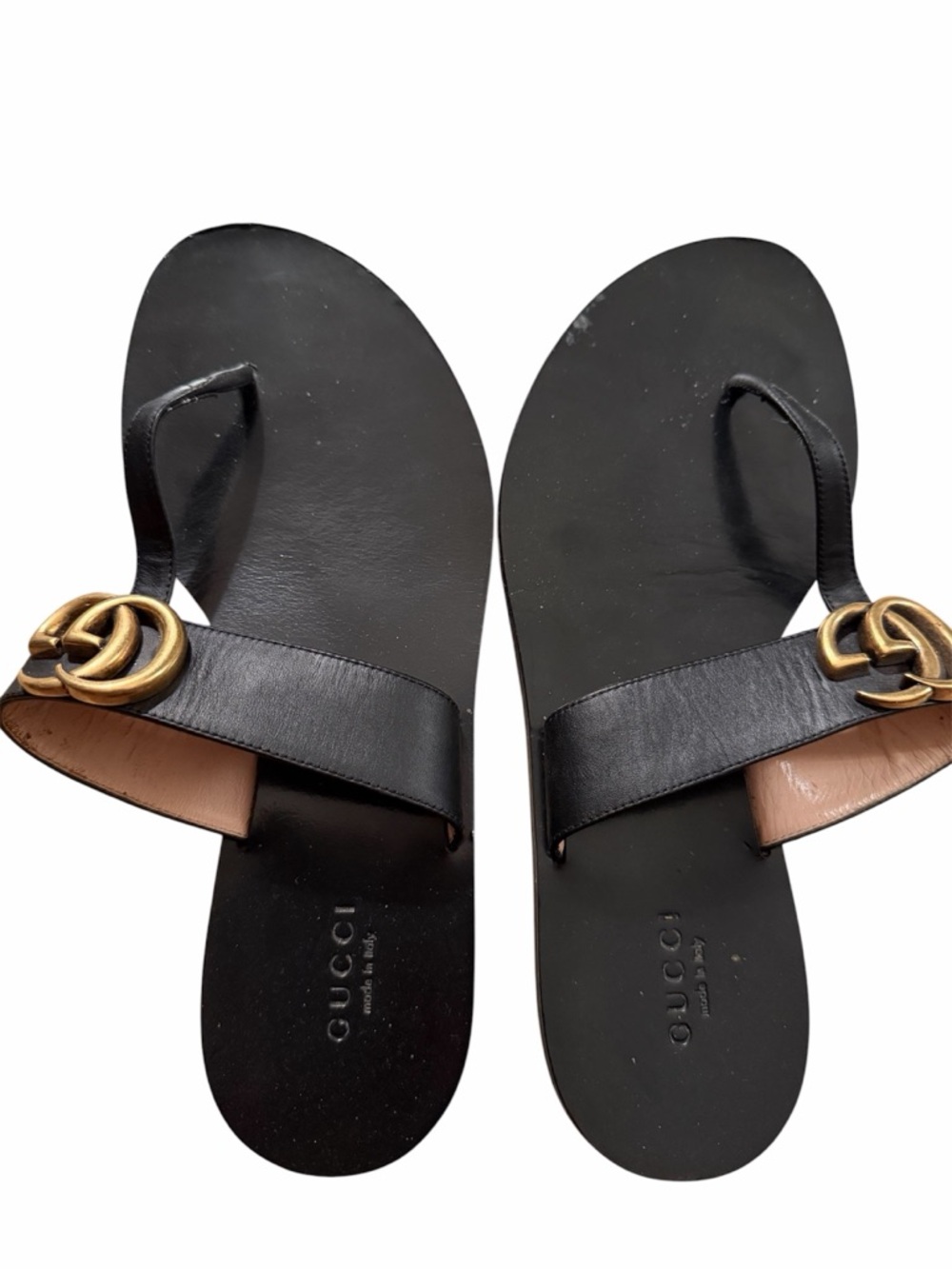 Gucci Black Leather Thong Sandals with Gold Double-G